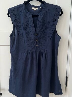 Navy Eyelet Ruffle Cap-Sleeve Popover Tunic